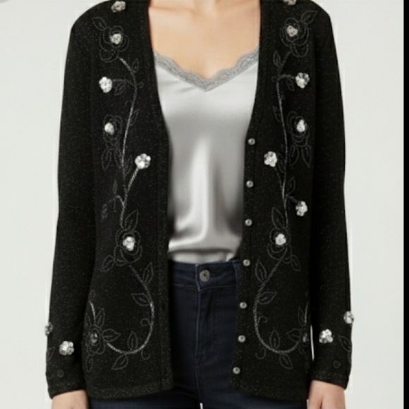 Work In Progress Sweaters - Vintage Black Cardigan Sweater Medium 10-12 Sequins & Beaded Embellishments 1980